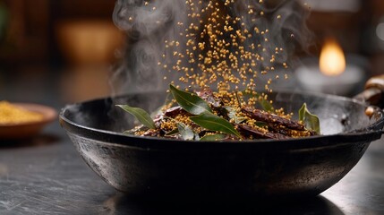 Close-up of a traditional Indian kitchen showcasing a cast iron pan with mustard seeds, curry leaves, and red chilies sizzling in ghee, creating a vibrant culinary atmosphere filled with golden light