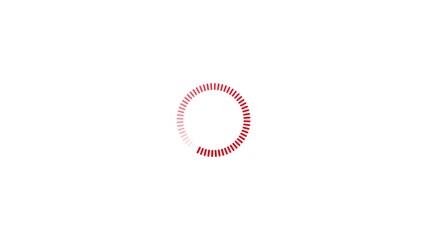 Animated red circular loading indicator with segmented progress bar on a clean white background signifying data processing or waiting time for digital interfaces and web applications - Powered by Adobe
