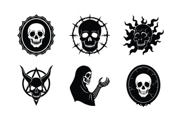 Set of stylized skulls with barbed wire and pentagram frames dark gothic art collection Vector illustration