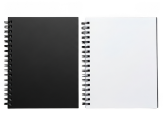 Two spiral notebooks in black and white isolated on transparent background