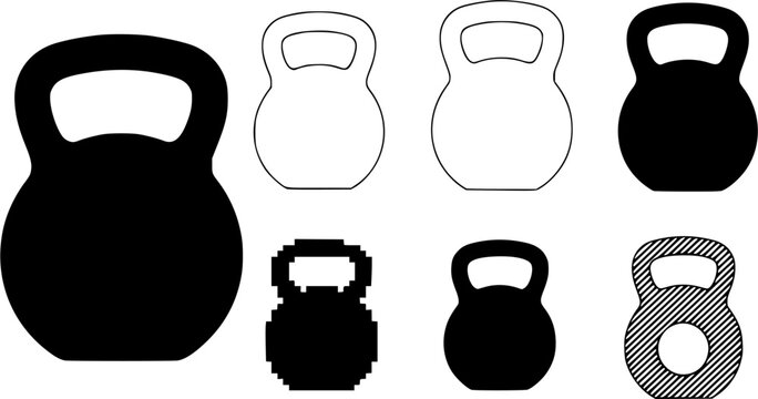 Diverse kettlebell icons: silhouette, outline, pixel, and hatch variations
