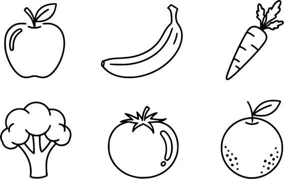Simple line art illustrations of six common fruits and vegetables on a white background
