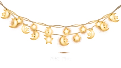 String of golden crescent moon and star shaped lights for ramadan or eid celebration isolated on transparent background