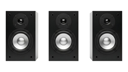 Professional audio stereo speakers and black woofer system equipment for music and sound entertainment isolated on a white background