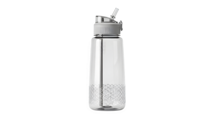 Clear plastic water bottle with grey lid and straw, isolated on transparent background