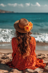 Woman with long hair wearing a straw hat adorned with a flower sits on sandy beach, gazing at the tranquil ocean waves under a bright blue sky, enjoying a peaceful moment