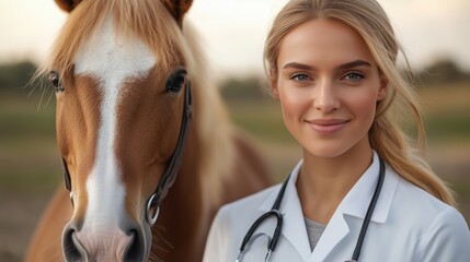 Professional female veterinarian standing with a horse outdoors, symbolizing animal healthcare, trust and care. Ideal for veterinary services, equine medicine, farms and clinics