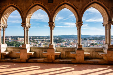 Arched gallery with city view at Leiria Castle Portugal