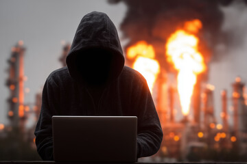 Hoodie-wearing hacker holding laptop, flames erupting from oil production facility behind him. Concept of cyber security threats, cyber attacks threatening manufacturing companies. 
