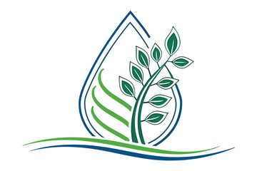 Green growth and water droplet emblem White background.