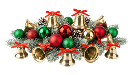 Festive Christmas tree decoration featuring shiny red bells with a gold ribbon and glass bauble ornaments for a celebratory winter holiday season