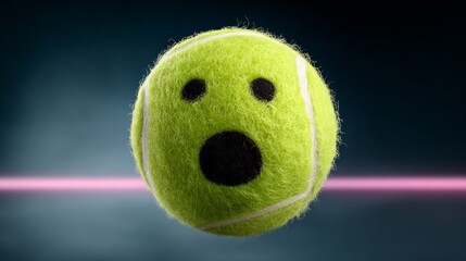 Happy tennis ball with a surprised expression, floating in mid-air, surrounded by vibrant neon colors and glowing shapes, creating a playful and whimsical atmosphere with copy space