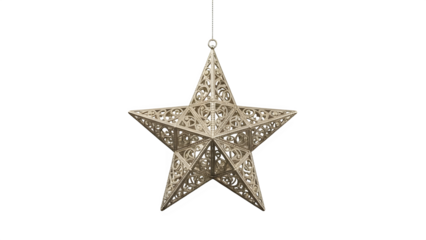Decorative hanging star ornament with intricate lacelike pattern, isolated on transparent background