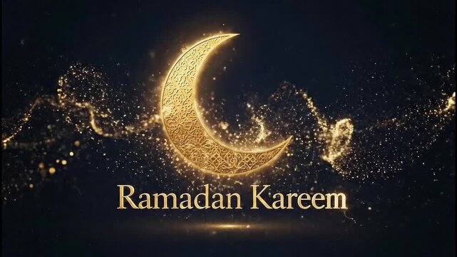 Radiant Ramadan Kareem crescent moon with golden sparkling particles and elegant typography