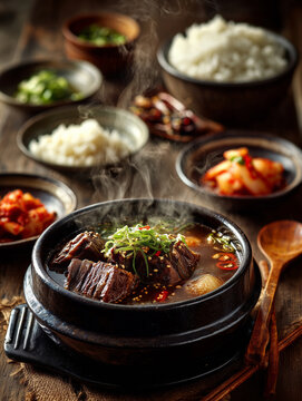 Steaming bowl of delicious Korean galbitang with vibrant side dishes