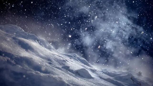 Ultra HD Beautiful winter landscape with fresh snow on mountain slopes and falling snowflakes against a dark blue night sky video