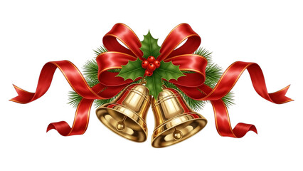 Golden Christmas bells with a red ribbon bow and holly decoration on a white background create a festive holiday ornament for a merry winter season