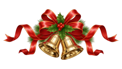 Golden Christmas bells with a red ribbon bow and holly decoration on a white background create a festive holiday ornament for a merry winter season