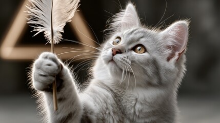 Light-gray cat playfully engaging with a feather toy on a stick, showcasing dynamic movement and soft natural lighting, with vibrant shapes and colors creating an enchanting atmosphere