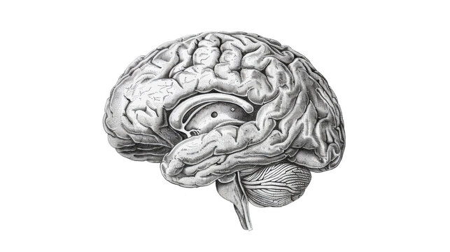 Human brain vintage anatomical engraving illustration isolated on transparent background