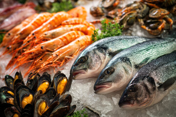 Fresh seafood display featuring vibrant shrimp, fish, and mussels arranged on ice with garnishing herbs, showcasing the abundance of ocean delicacies for culinary inspiration