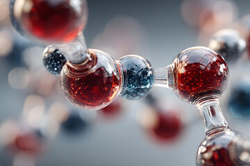 Molecular structure showcasing red, blue, and white spheres connected by bonds in a scientific composition representing chemical interactions and molecular diversity