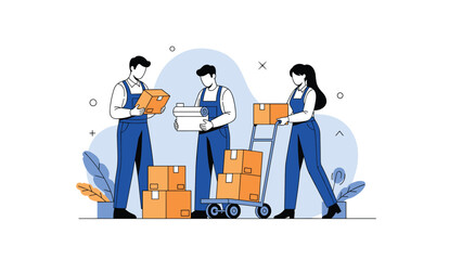 Team of three delivery and logistics workers in blue uniforms working together to organize cardboard boxes using a hand truck.