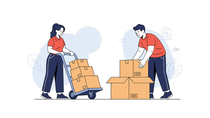 Efficient delivery team with a man opening a large cardboard box while a woman moves a stack of boxes on a hand truck.