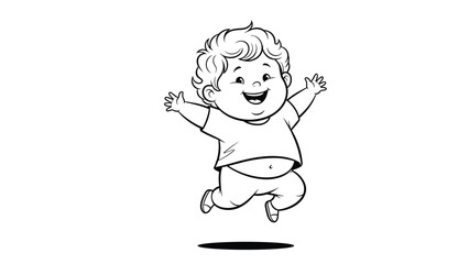 Fototapeta premium Cheerful black and white illustration of a happy baby with curly hair jumping for joy with open arms and a wide smile.