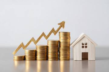 Stacked gold coins with an upward arrow symbolizing financial growth, alongside a small wooden house representing real estate investment and wealth accumulation concept