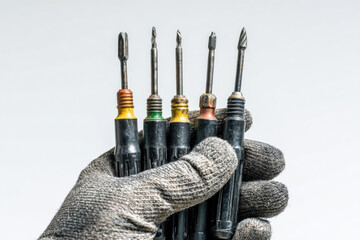 Hand holding a set of six screwdrivers with various colored tips, showcasing tools for mechanical work, emphasizing craftsmanship and precision in a professional environment