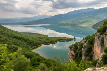 Albania mountains lakes scenic nature tourism travel destination Europe vacation adventure outdoor promotion marketing poster concept journey