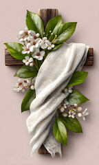 The cross of Jesus is adorned with laurel leaves and a The cross of Jesus is adorned with laurel leaves and a shroud..