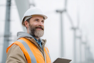 A man in a safety vest and hard hat is smiling and holding a clipboard