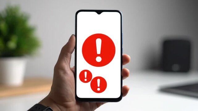 Hand holding smartphone with warning sign on screen in modern office