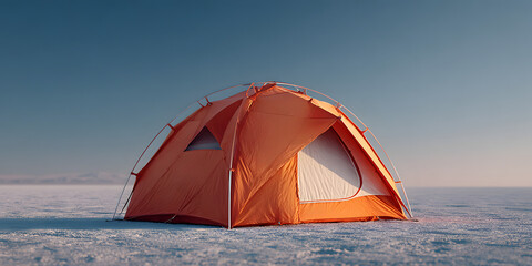 A bright orange dome-style camping tent set up on a flat surface against a plain background.