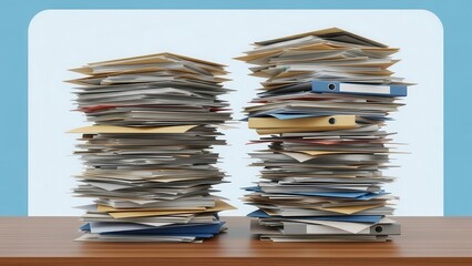 Two tall stacks of documents and folders on a wooden desk