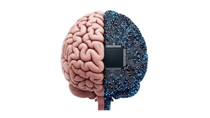 Human brain and circuit board with chip, representing artificial intelligence and technology, isolated on white background