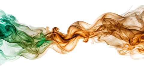 Swirling green and orange smoke on white background isolated on a transparent background isolated on white background