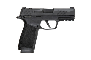 
A sleek black semi-automatic pistol, presented in profile with a textured grip, isolated on a white back