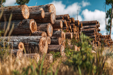 Stacked logs in a natural setting, showcasing the texture of wood and vibrant greenery, under a bright blue sky with fluffy clouds, representing sustainable forestry practices