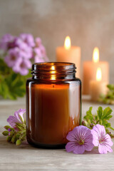 Amber glass candle jar surrounded by blooming flowers and soft glowing candles, creating a serene atmosphere for relaxation and tranquility in a cozy setting