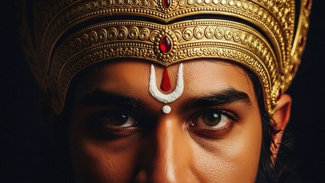 Close-up portrait of a regal figure, possibly a Hindu deity or king, adorned with an ornate golden crown and a prominent Vaishnava tilak on the forehead.