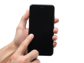 Hand holding black smartphone against white background isolated on transparent background