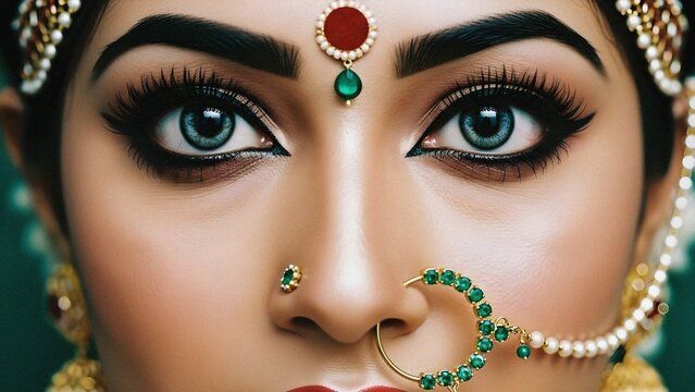 Close-up of an Indian bride's mesmerizing eyes adorned with elaborate traditional jewelry and intricate makeup, showcasing cultural beauty and elegance.