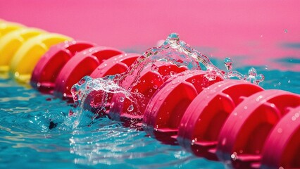 Vibrant swimming pool lane divider with refreshing water splashing, depicting movement and summer sports activity in a bright aquatic environment.