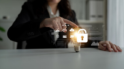 Digital cyber security lock system highlighting data security encryption, cyber password protection, fingerprint ID, cloud storage safety, and cyber security for online access Latch