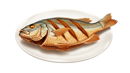 Delicious whole fried fish served on a white plate, crispy skin, asian cuisine style isolated on transparent background