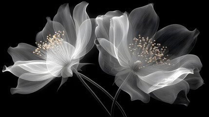 Delicate x-ray floral illustration revealing translucent petals and botanical structure on a dark background