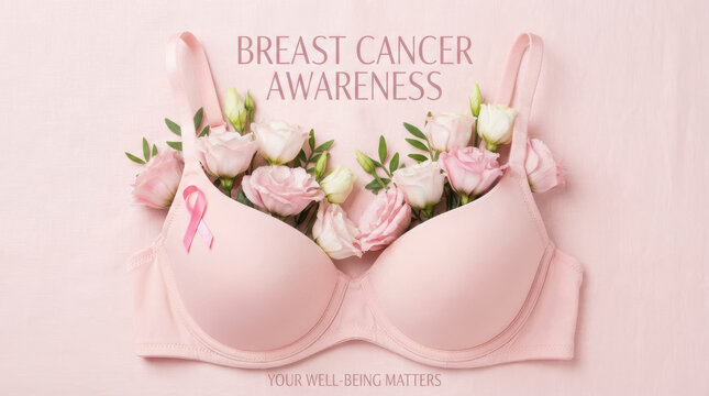 Breast cancer health concept care background with pink bra, flower bouquet and awareness ribbon for woman doctor support and prevention message on pastel table Cancer check concept - Powered by Adobe